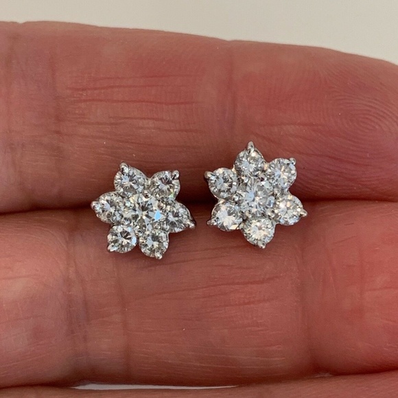 DIAMOND ROUND BRILLIANT FLOWER STUD EARRINGS 1.4CT - Picture 9 of 16